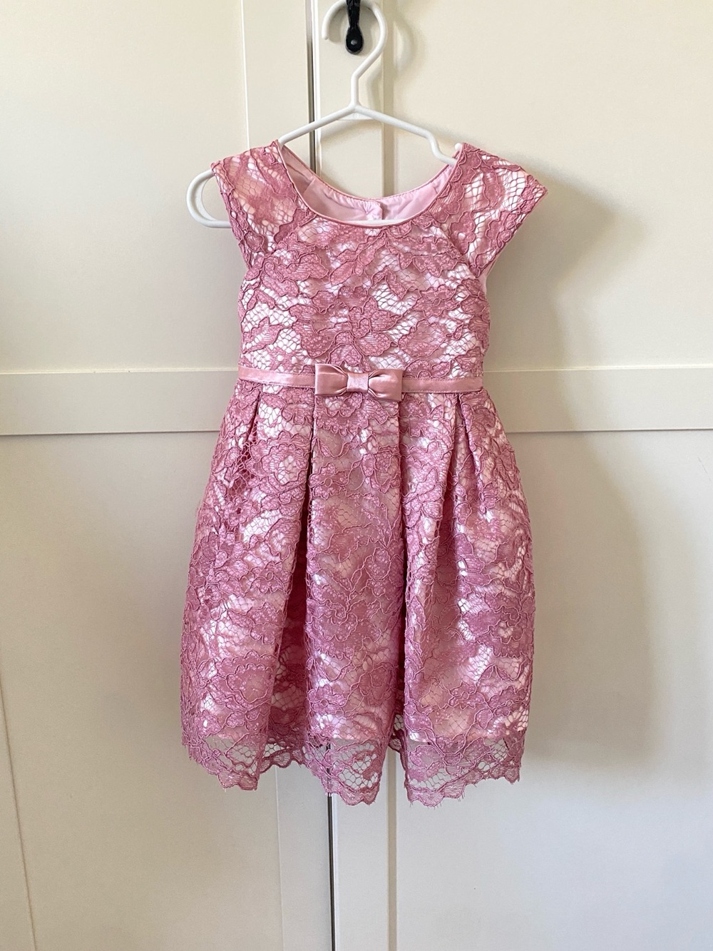 Jona Michelle Girl’s Dusty Rose Pink Lace Satin Bow Waist Formal Dress | 3T